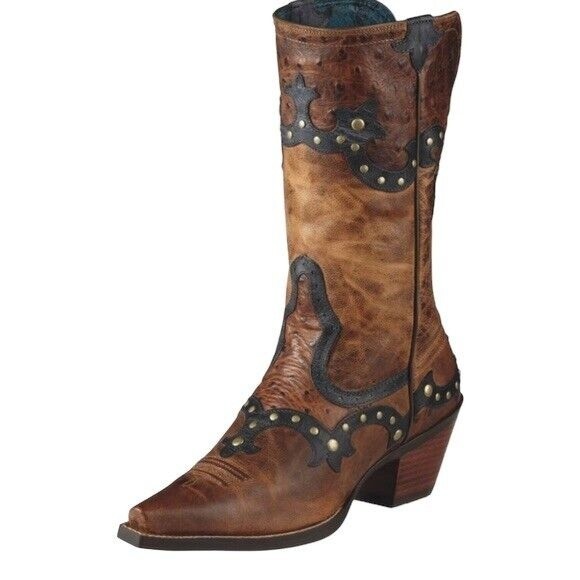 Ariat Shoes - Ariat Rogue Women's Sz 8 Western Brown Leather Black Trim Ostrich Print Studded